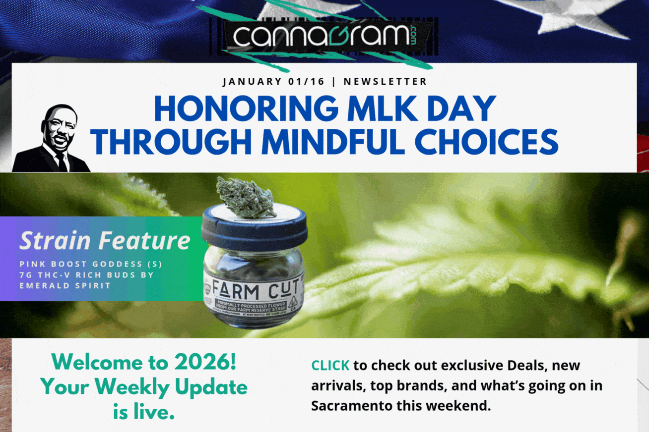 Cannagram Newsletter 01/16: ‘Honoring MLK Day Through Mindful Choices’ featuring Pink Boost Goddess (7g THC-V) by Emerald Spirit.