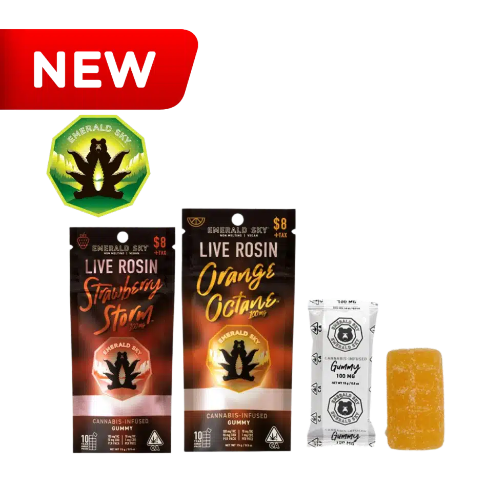 Emerald Sky new products featuring Orange Octane and Strawberry Storm 100mg single live rosin infused gummies