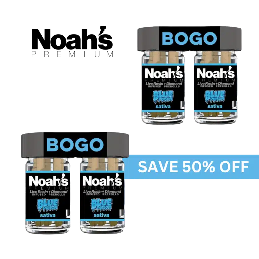 Noah’s Premium Blue Poison sativa infused prerolls BOGO deal save 50 percent off