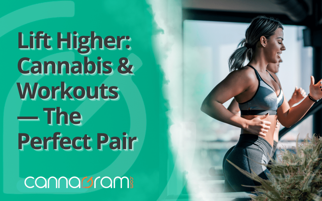 Promotional graphic reading “Lift Higher. Cannabis & Workouts — The Perfect Pair” with Cannagram logo and a woman running on a treadmill in a gym.