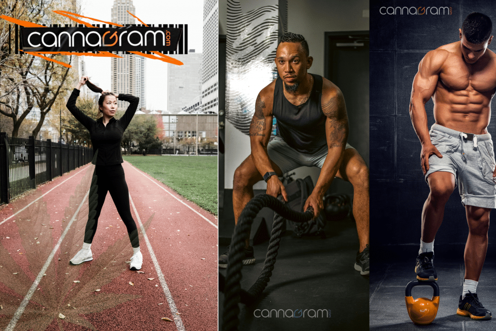 Lift Higher: Cannabis & Workouts - Three-panel Cannagram graphic showing a woman stretching on an outdoor track, a man training with battle ropes in a gym, and a muscular man posing with a kettlebell; Cannagram logos appear on each panel.