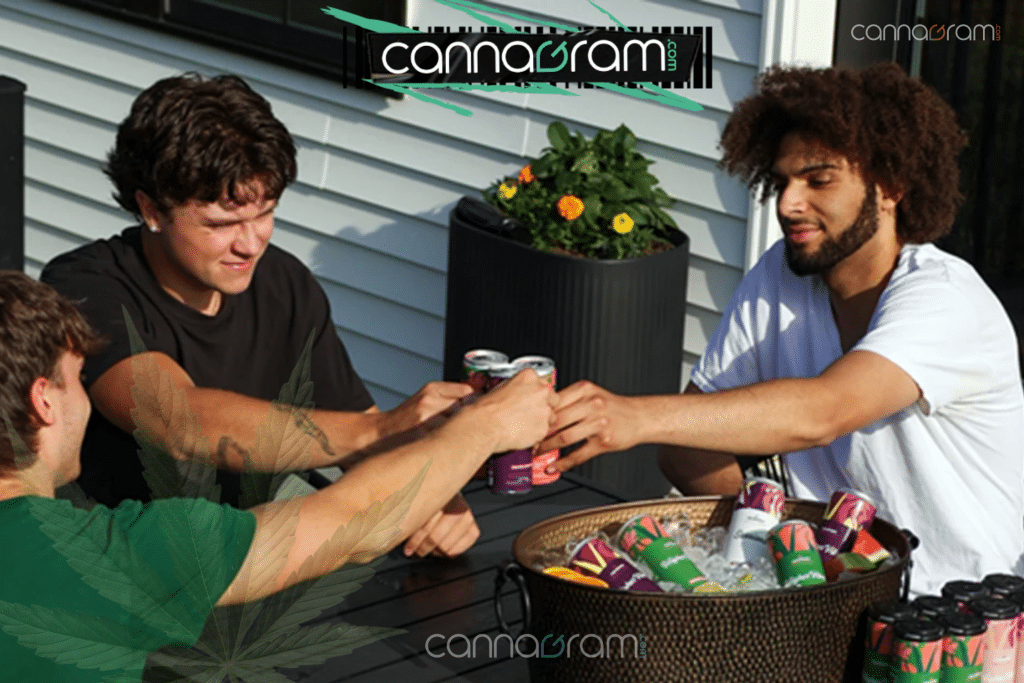 Drink Your Dose: THC beverages are trending — three friends clinking cannabis-infused beverage cans outdoors with Cannagram branding.