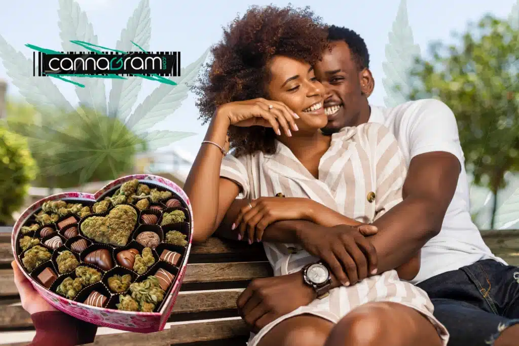 Couple enjoying a romantic moment with a Valentine’s Day weed gift featuring premium cannabis flower, ideal for valentines day delivery in Sacramento.