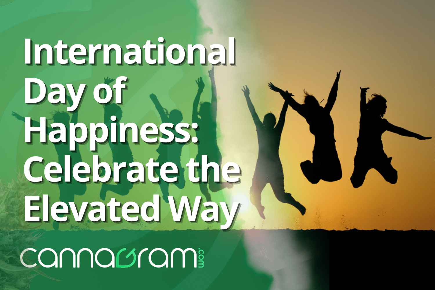 International Day of Happiness: Celebrate the Elevated Way — silhouetted people jumping at sunset with Cannagram branding.