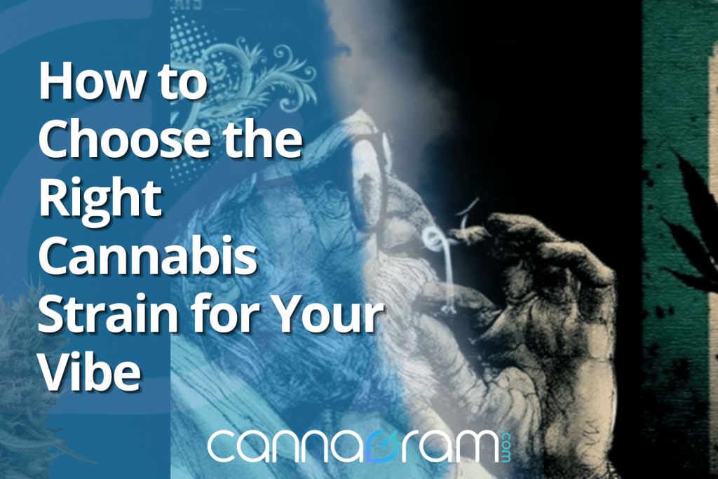 How to Choose the Right Cannabis Strain for Your Vibe — Cannagram cover graphic with a blue overlay and an illustrated hand holding a smoking joint.