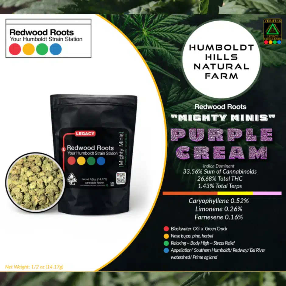 Redwood Roots Purple Cream (I) 14g Mighty Minis Sun-grown Flower strain feature graphic