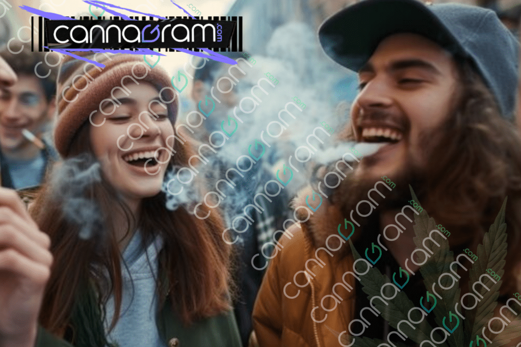 International Day of Happiness: friends laughing and exhaling cannabis smoke at an outdoor gathering, with Cannagram branding.