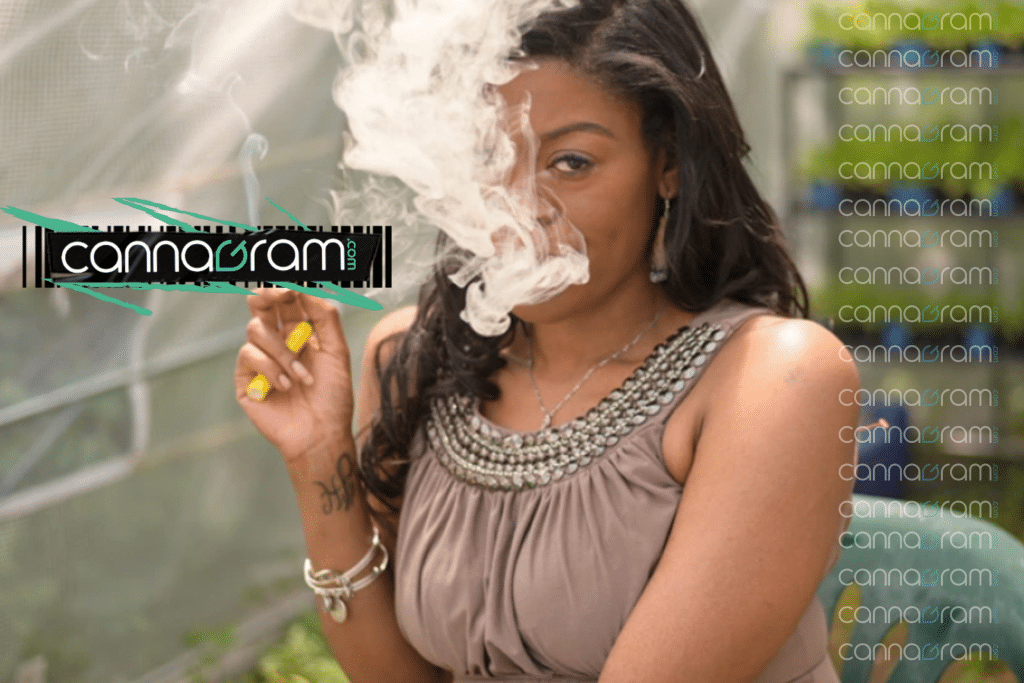 How Women Are Shaping the Cannabis Industry — woman exhaling cannabis vapor while holding a vape pen, with Cannagram branding.