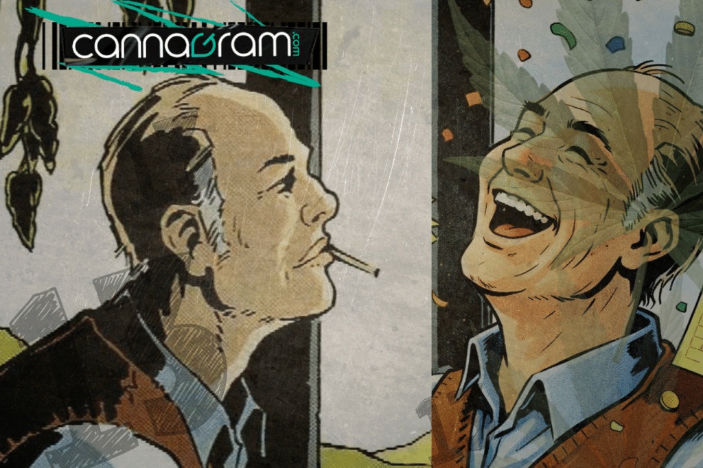 Friday the 13th and Cannabis: How to Turn Bad Luck Into Good Vibes — illustrated split-panel showing a person smoking and another laughing, with Cannagram branding.