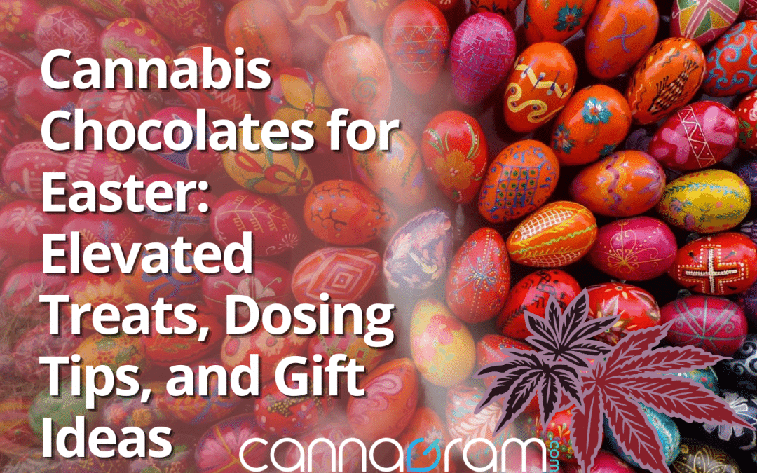 Cannabis chocolates for Easter — elevated treats, dosing tips, and gift ideas graphic with colorful decorated Easter eggs and Cannagram branding.