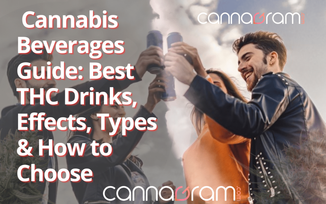 Cannabis Beverages Guide — cover image of friends clinking canned drinks outdoors with Cannagram branding and the headline “Best THC Drinks, Effects, Types & How to Choose.”