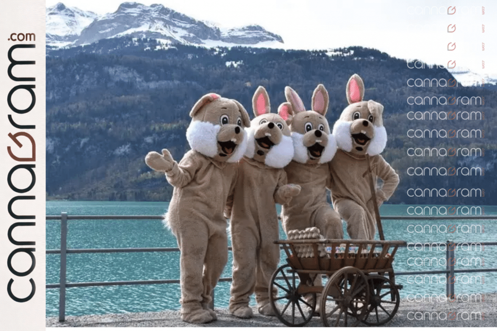 Cannabis chocolates for Easter — four people in bunny costumes posing by a lake with mountains in the background, with Cannagram branding.