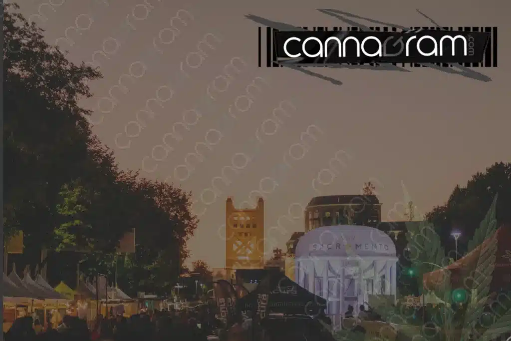 What to Do This 4/20 in Sacramento — evening crowd and festival scene near downtown Sacramento landmarks, with Cannagram branding.