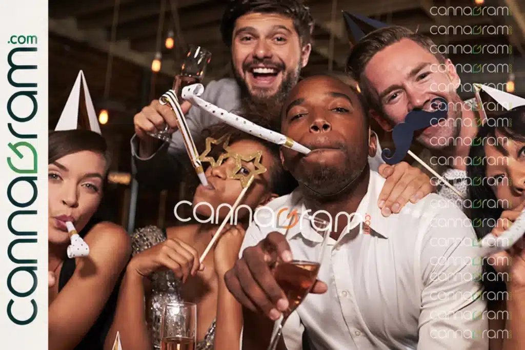 What to Do This 4/20 in Sacramento — friends celebrating at a party with hats and noisemakers, with Cannagram branding.