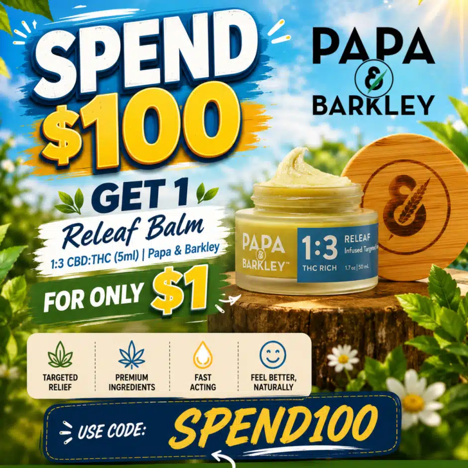 Spend $100 Get 1 Papa & Barkley Releaf Balm 1:3 CBD:THC 5ml for $1