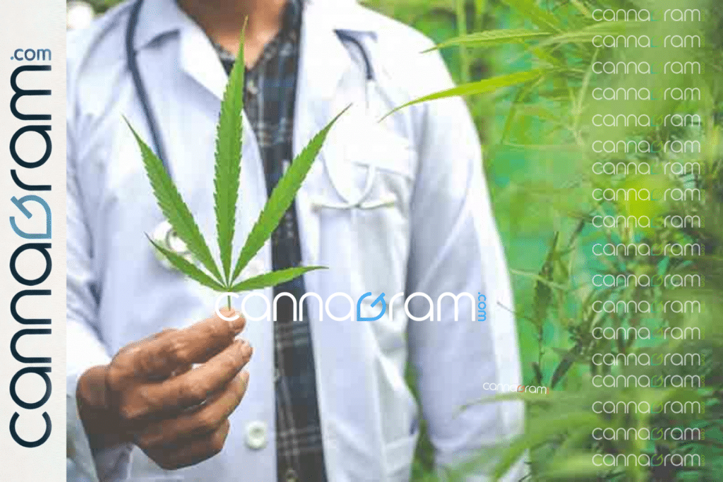 The Therapeutic Potential of Cannabis — person in a lab coat holding a cannabis leaf, representing research and clinical interest, with Cannagram branding.
