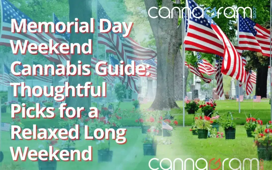 Memorial Day Weekend Cannabis Guide — thoughtful picks for a relaxed long weekend cover image with American flags in a memorial park and Cannagram branding.