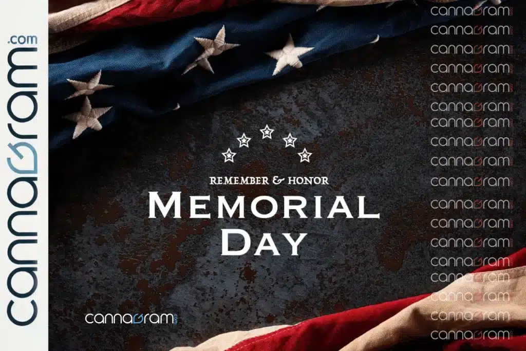 Memorial Day Weekend Cannabis Guide — “Remember & Honor Memorial Day” graphic with American flag details and Cannagram branding.