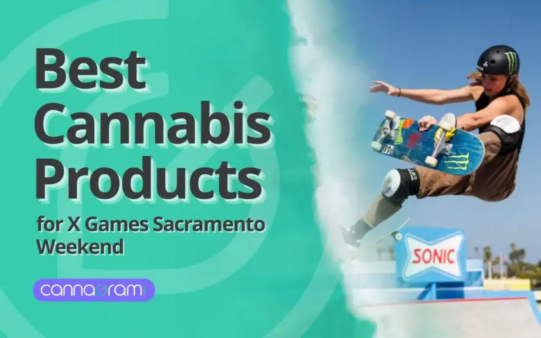 Best Cannabis Products for X Games Sacramento Weekend — X Games Sacramento 2026 inspired cover image with skateboard action, smoke effect, cannabis detail, and Cannagram branding.
