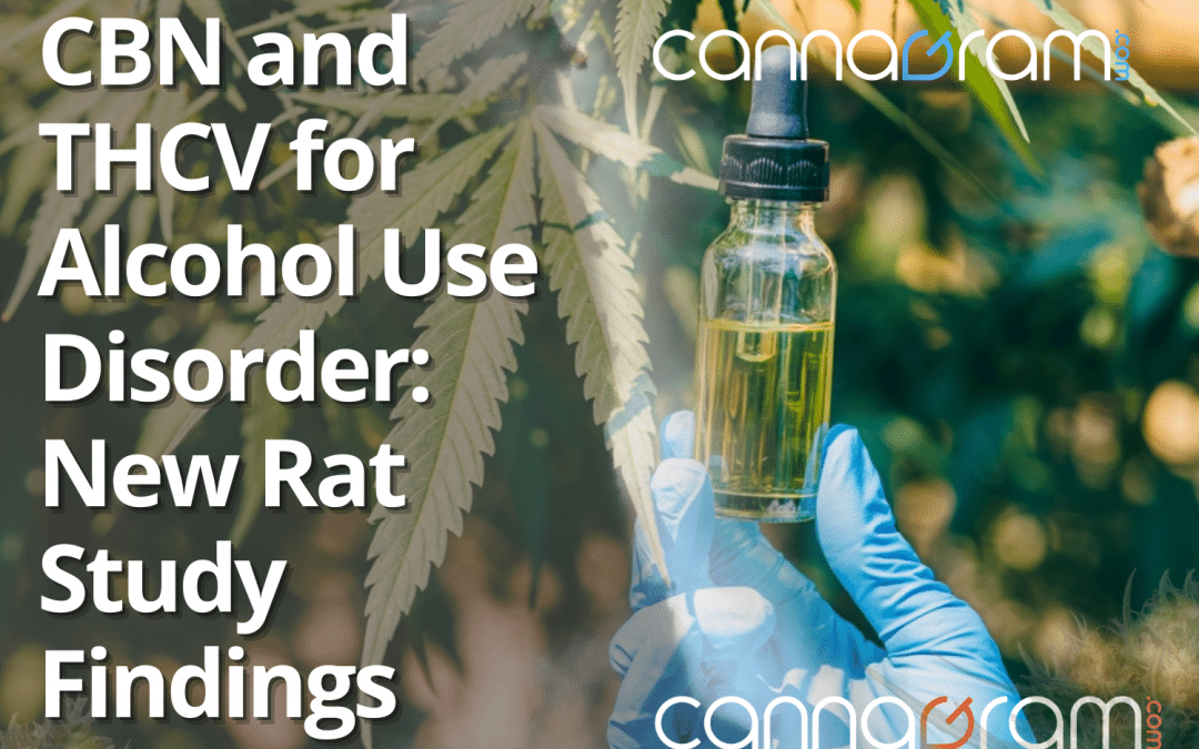 CBN and THCV for alcohol use disorder — cover graphic showing gloved hands holding a dropper bottle in a cannabis plant setting.