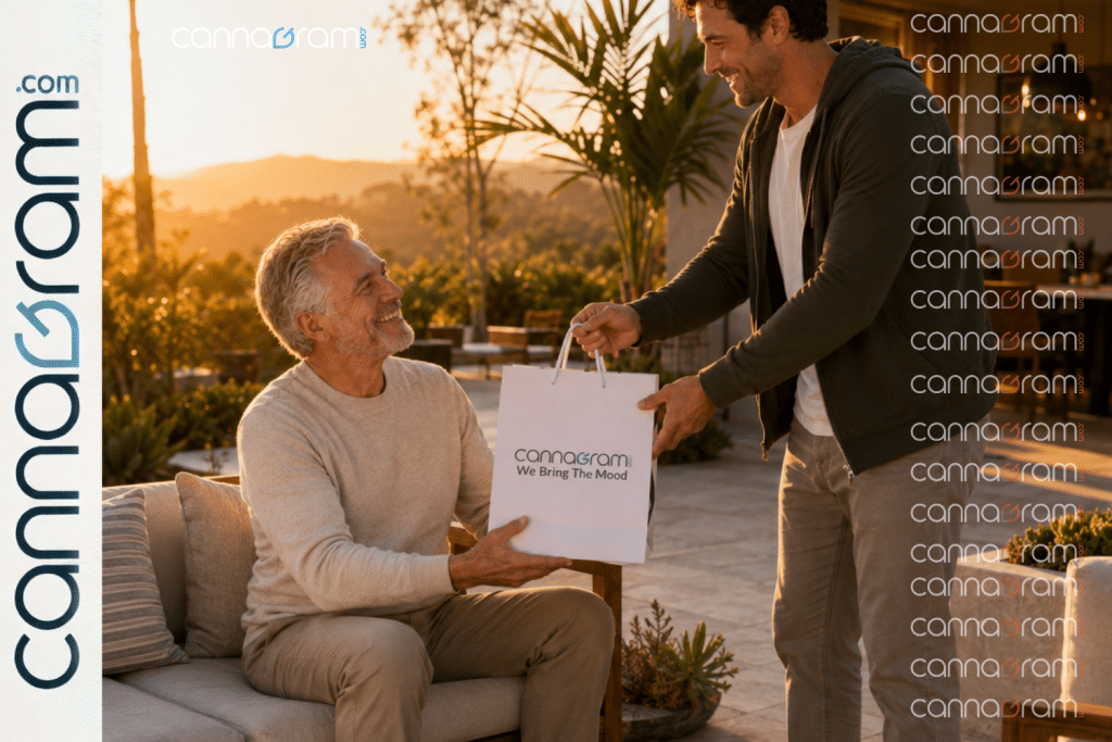 Father receiving a Cannagram gift bag from his son on a California patio during Father’s Day weekend.