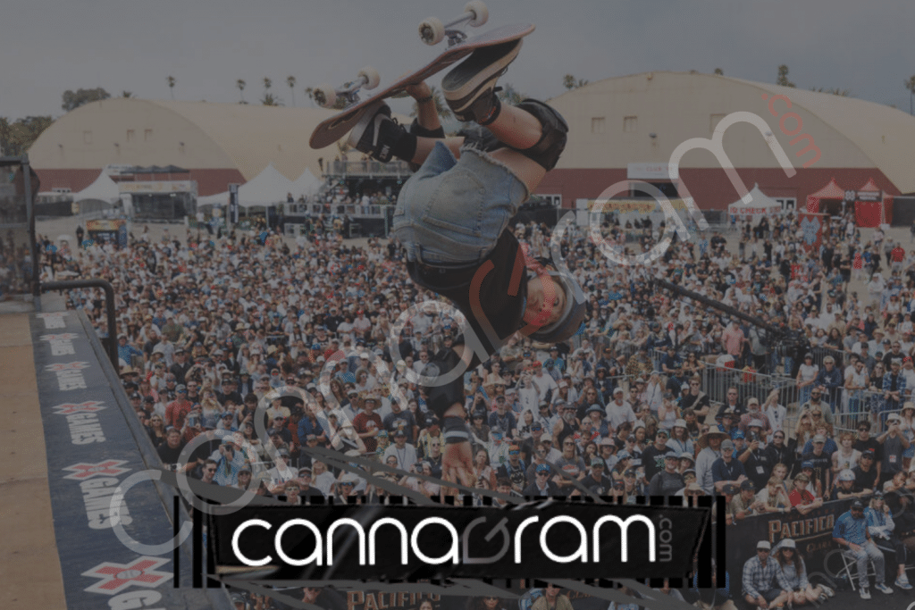 Best Cannabis Products for X Games Sacramento Weekend — skateboarder performing a trick above a large event crowd with Cannagram branding.