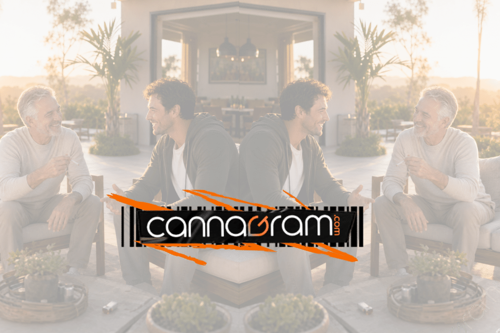 Father and adult son sitting outdoors at sunset and sharing a preroll in a relaxed California backyard setting.