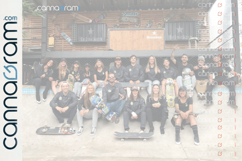 Best Cannabis Products for X Games Sacramento Weekend — group of skateboarders posing with boards in a skatepark-style setting with Cannagram branding.