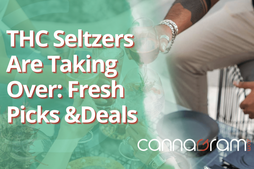 Cannagram promotional graphic with the text “THC Seltzers Are Taking Over: Fresh Picks & Deals” over a lifestyle background with drinks.
