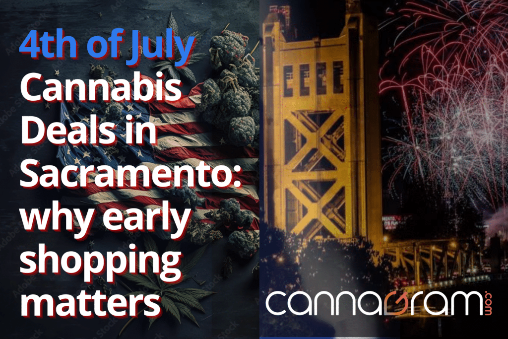 4th of July Cannabis Deals in Sacramento — cannabis flower, American flag theme, Sacramento fireworks, and Cannagram branding.