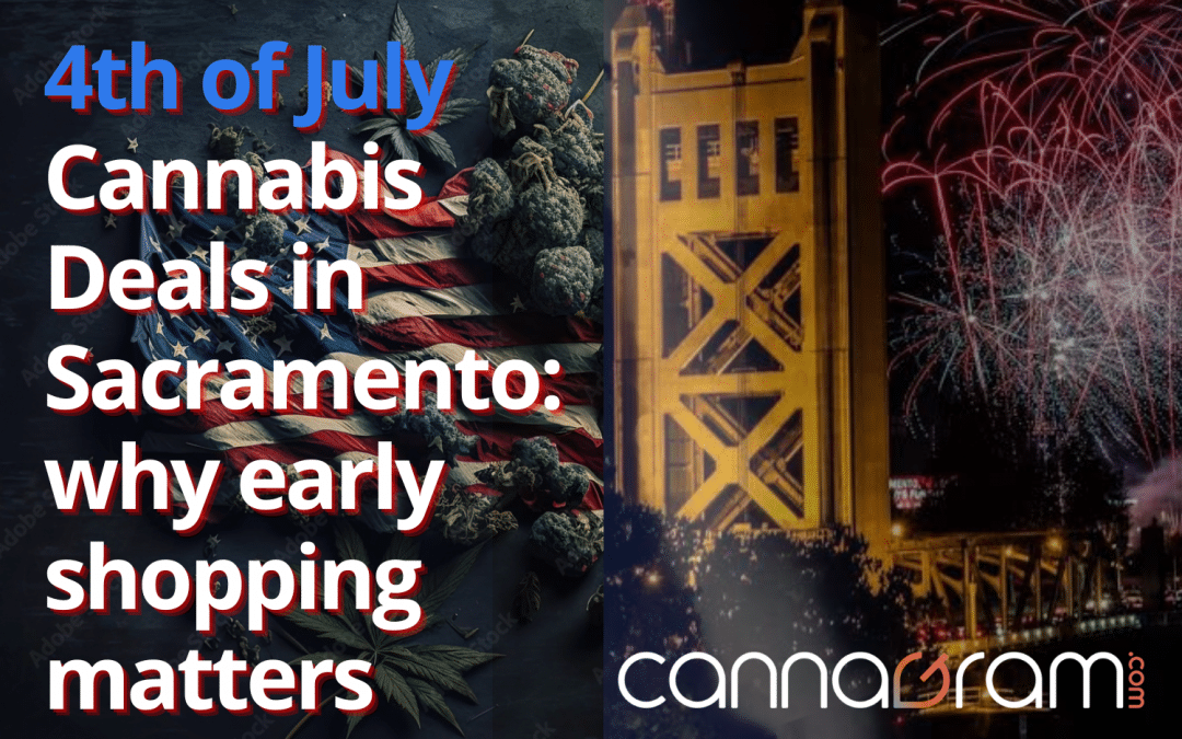4th of July Cannabis Deals in Sacramento — cannabis flower, American flag theme, Sacramento fireworks, and Cannagram branding.