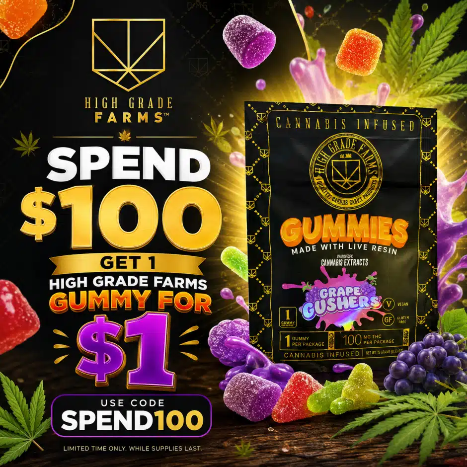 Spend $100, Get High Grade Farms Gummy for $1 — Code SPEND100