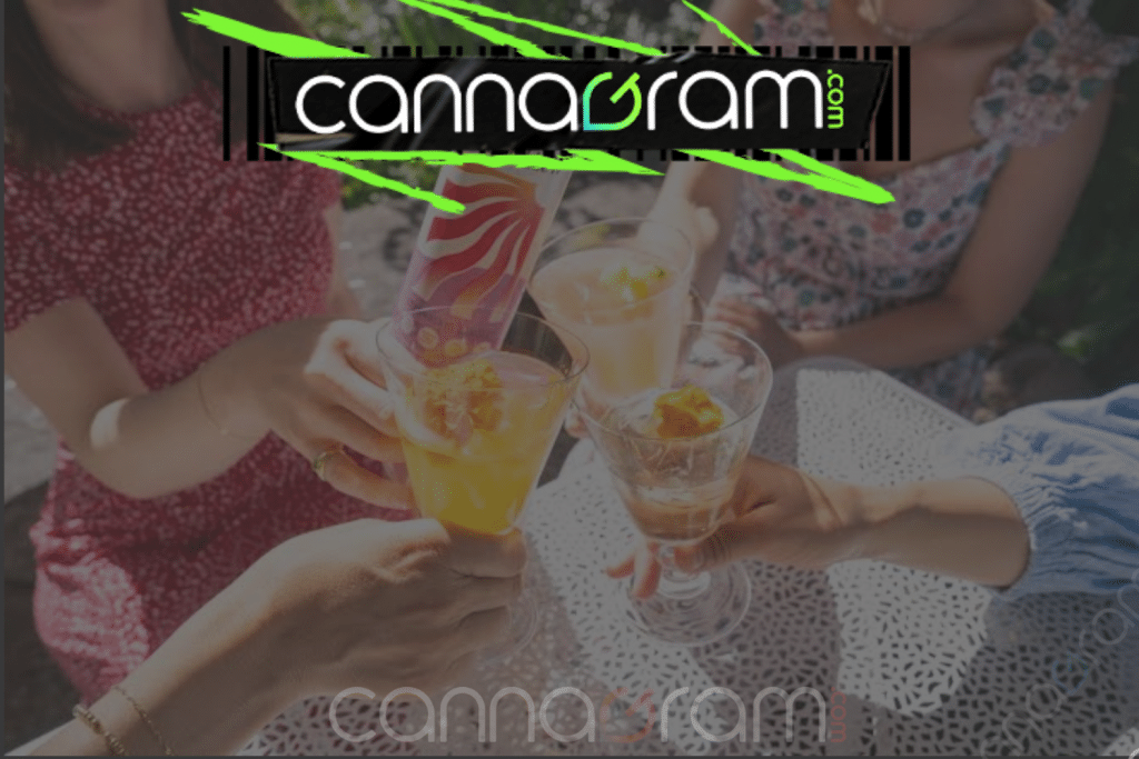 Cannagram promotional graphic showing friends raising cannabis-infused drinks together with Cannagram branding across the design.