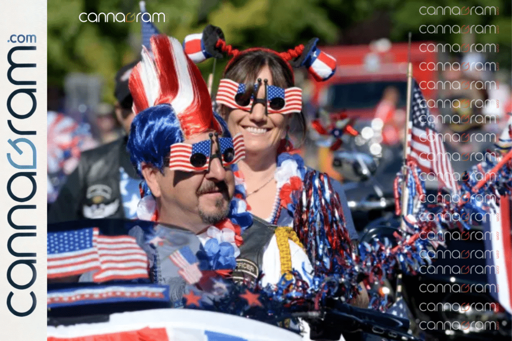 4th of July Cannabis Deals in Sacramento — adults celebrating with patriotic decorations during a holiday parade, with Cannagram branding.