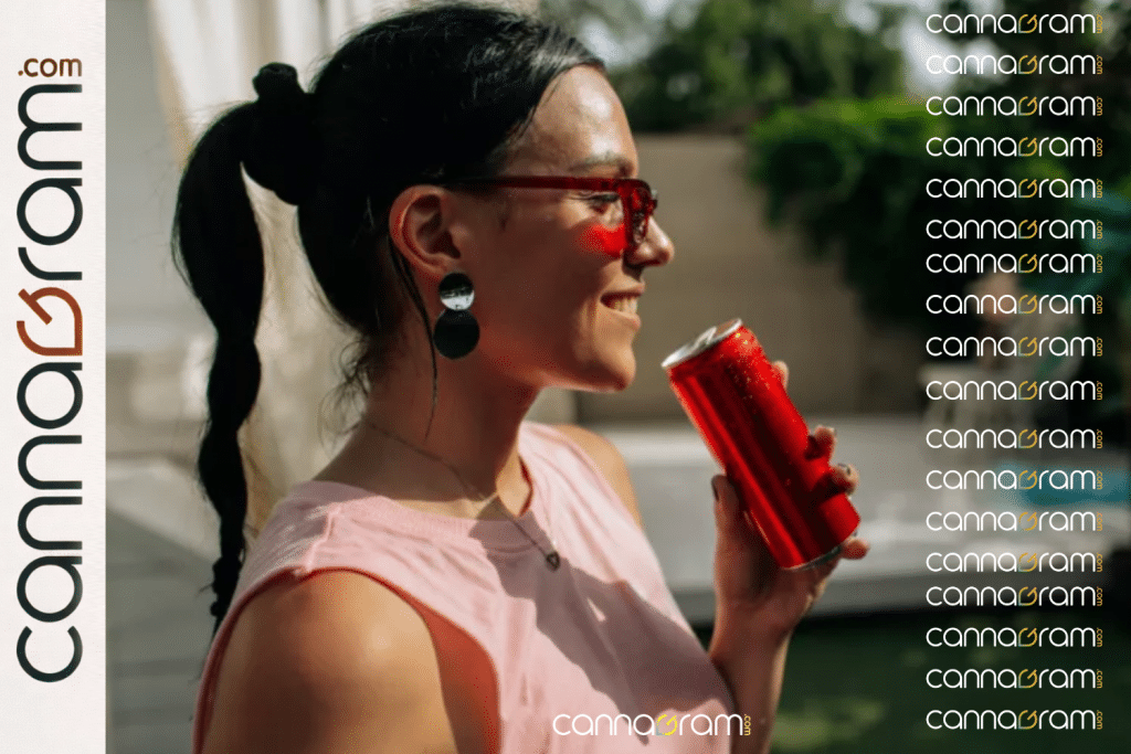 Cannagram branded lifestyle graphic showing a person holding a red canned drink outdoors with repeated Cannagram logos.