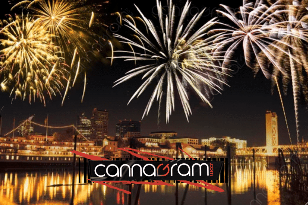4th of July Cannabis Deals in Sacramento — fireworks over the Sacramento skyline with Cannagram branding for holiday cannabis delivery.