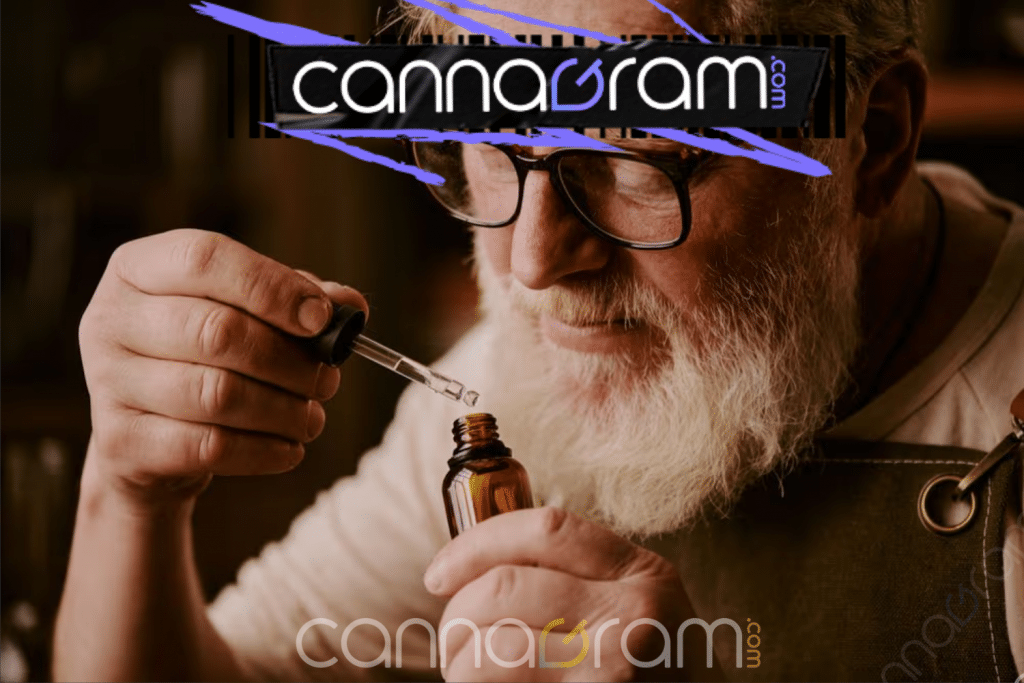 Older man using a dropper to examine a cannabis tincture with Cannagram branding.