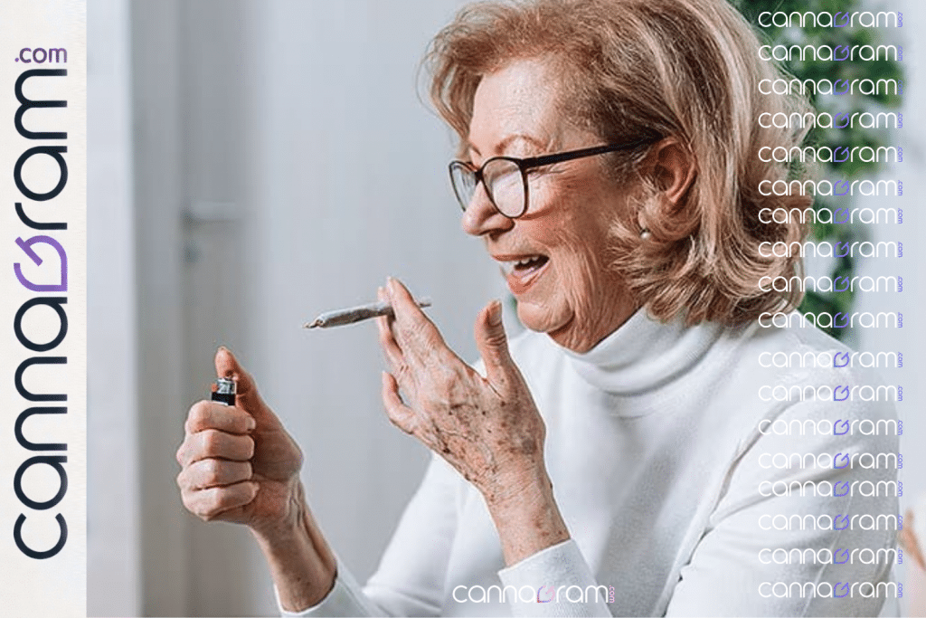 Older woman holding a cannabis pre-roll and lighter in a private setting with Cannagram branding.