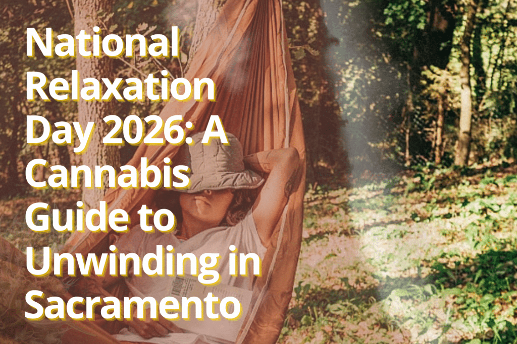 National Relaxation Day cannabis guide featuring an adult relaxing in a hammock in Sacramento Title: National Relaxation Day Cannabis Guide 2026