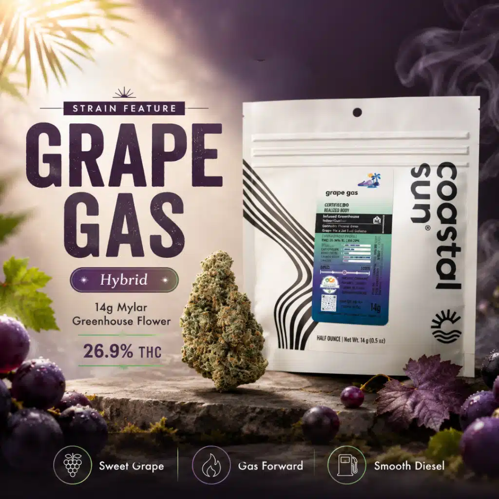 Coastal Sun Grape Gas (H) — 14g Mylar Greenhouse Flower, OCal Organic & Category 4 Tested