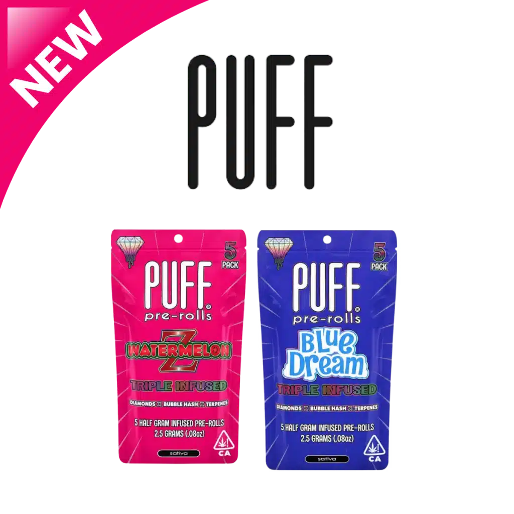 Puff Pre-Rolls Triple Infused — Watermelon Z & Blue Dream, 5 Half Gram Infused Pre-Rolls