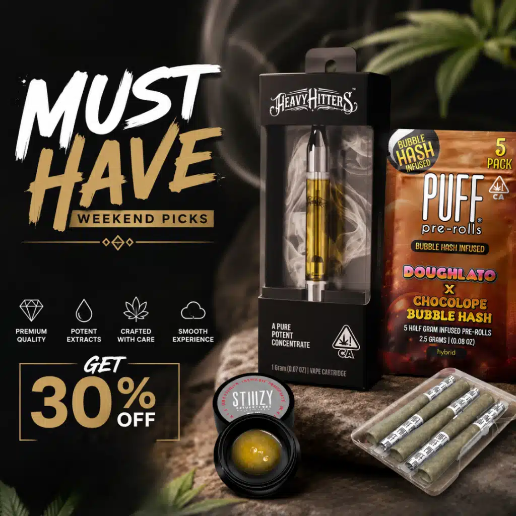 Staff Picks — Heavy Hitters 2g Ultra High Potency Cart, Puff Bubble Hash Prerolls & Stiiizy Live Rosin Jam