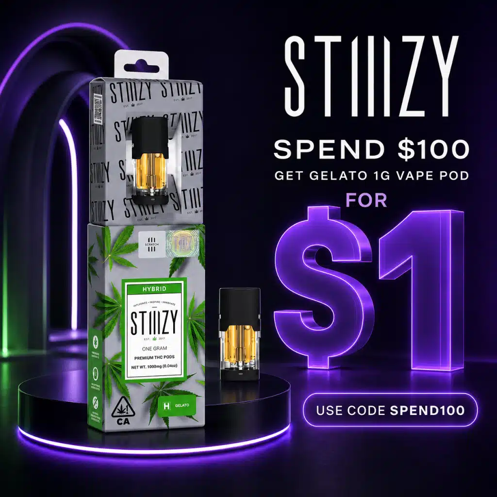 Spend $100, Get a Stiiizy Gelato (H) 1g Vape Pod for $1 — Use Code SPEND100