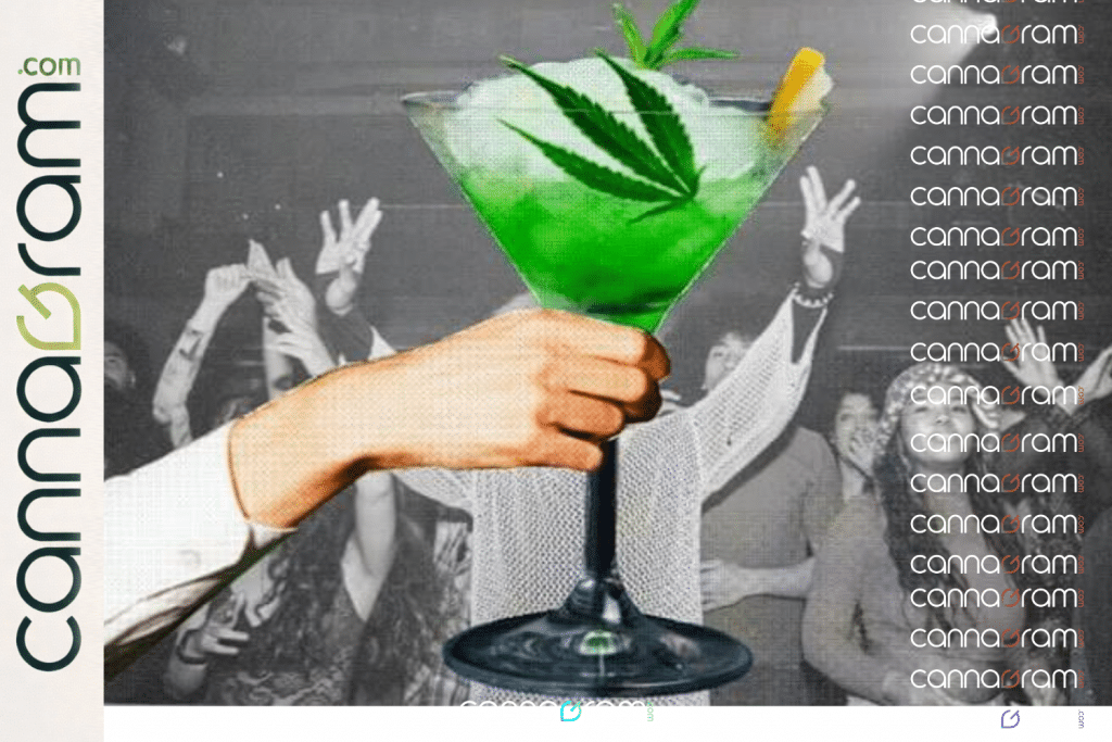 Adult holding a green THC mocktail at a social gathering