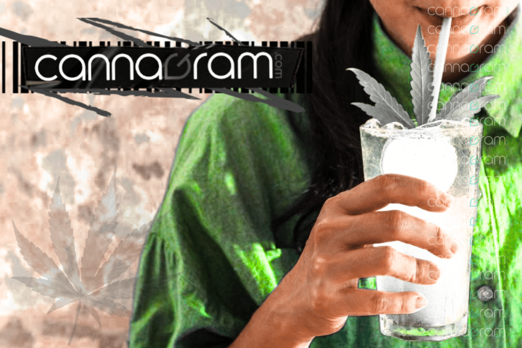 Adult holding a THC-infused cannabis beverage with cannabis leaves