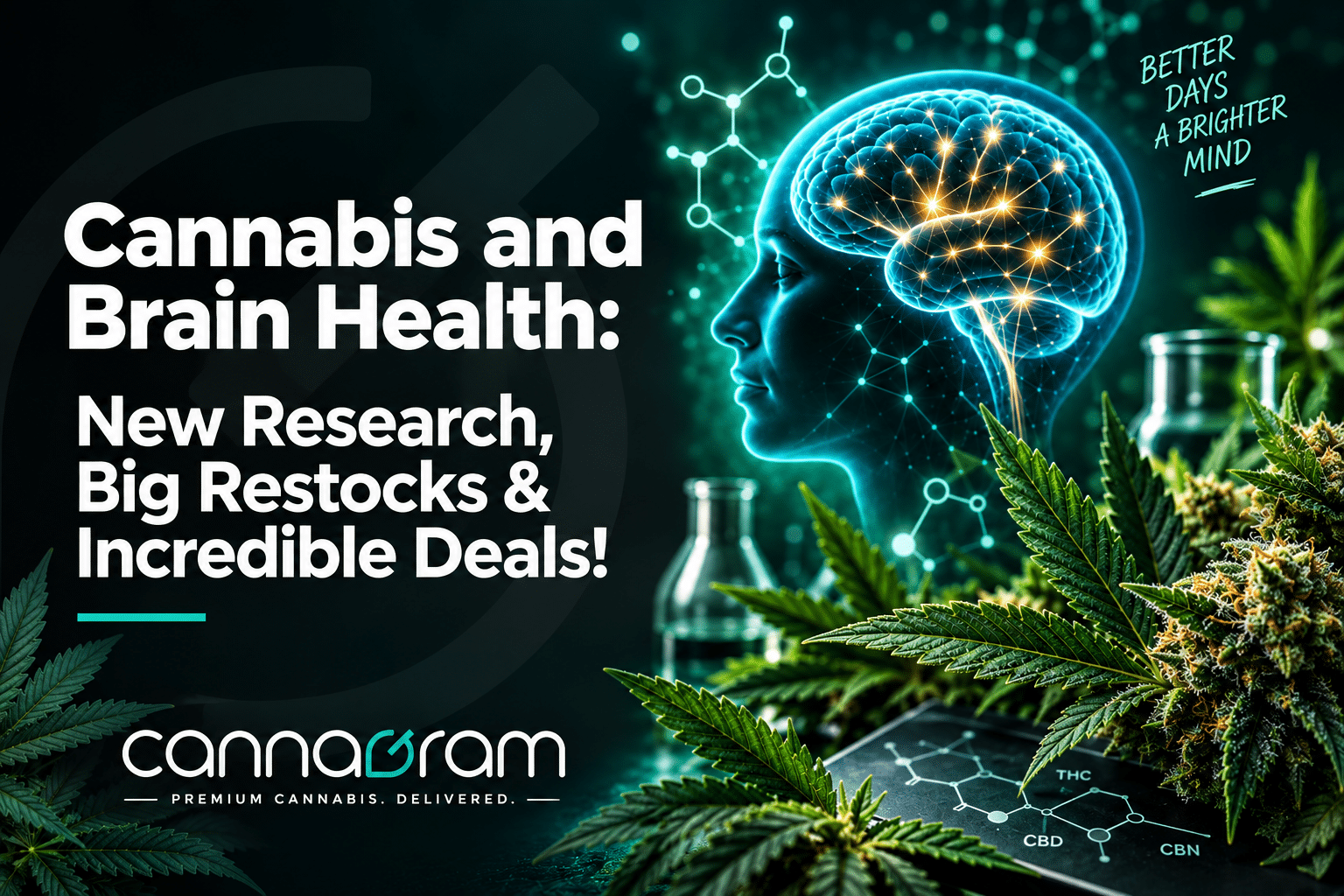Cannabis and brain health research illustration with cannabis plants, a glowing brain and laboratory elements.