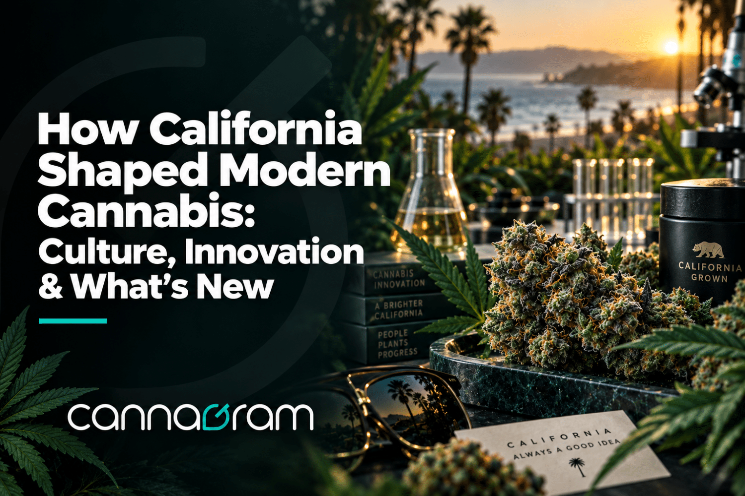 Alt text: California cannabis history illustrated with cannabis flower, laboratory glassware and the California coast at sunset