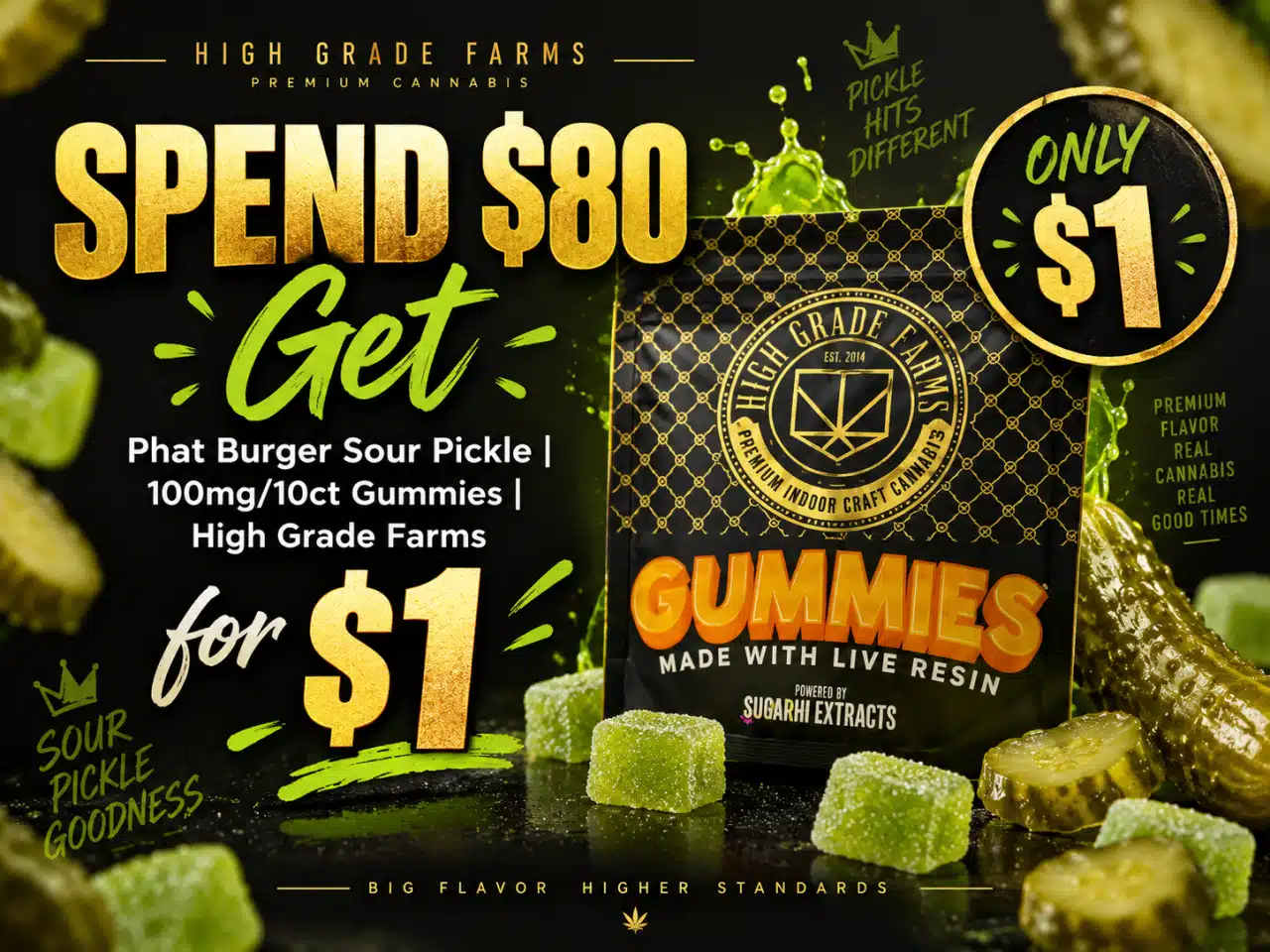 Spend $80 Pretax, Get Phat Burger Sour Pickle 100mg 10ct Gummies from High Grade Farms for $1 — Use Code SPEND80