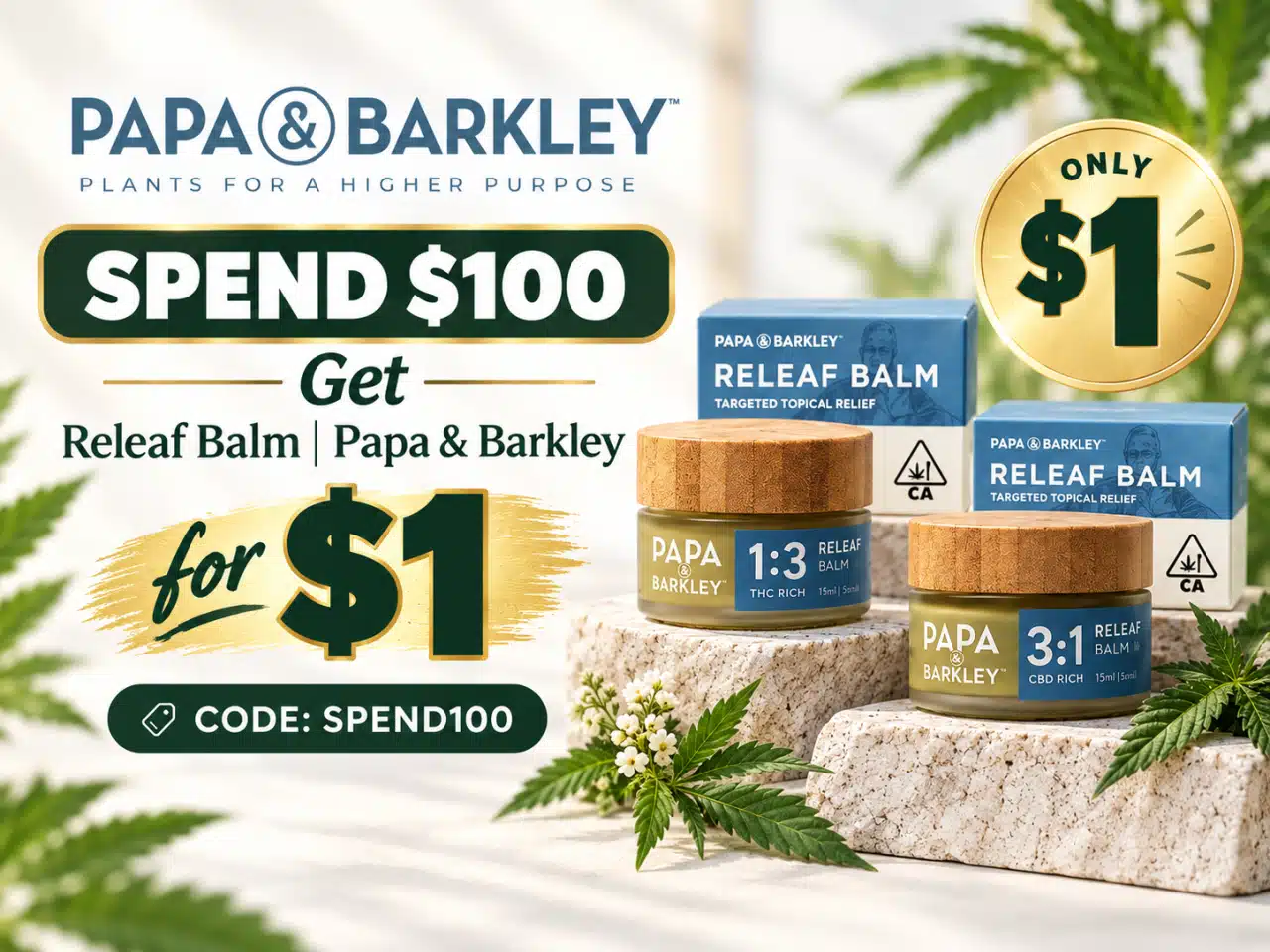 Spend $100, Get Releaf Balm from Papa & Barkley for $1 — Use Code SPEND100