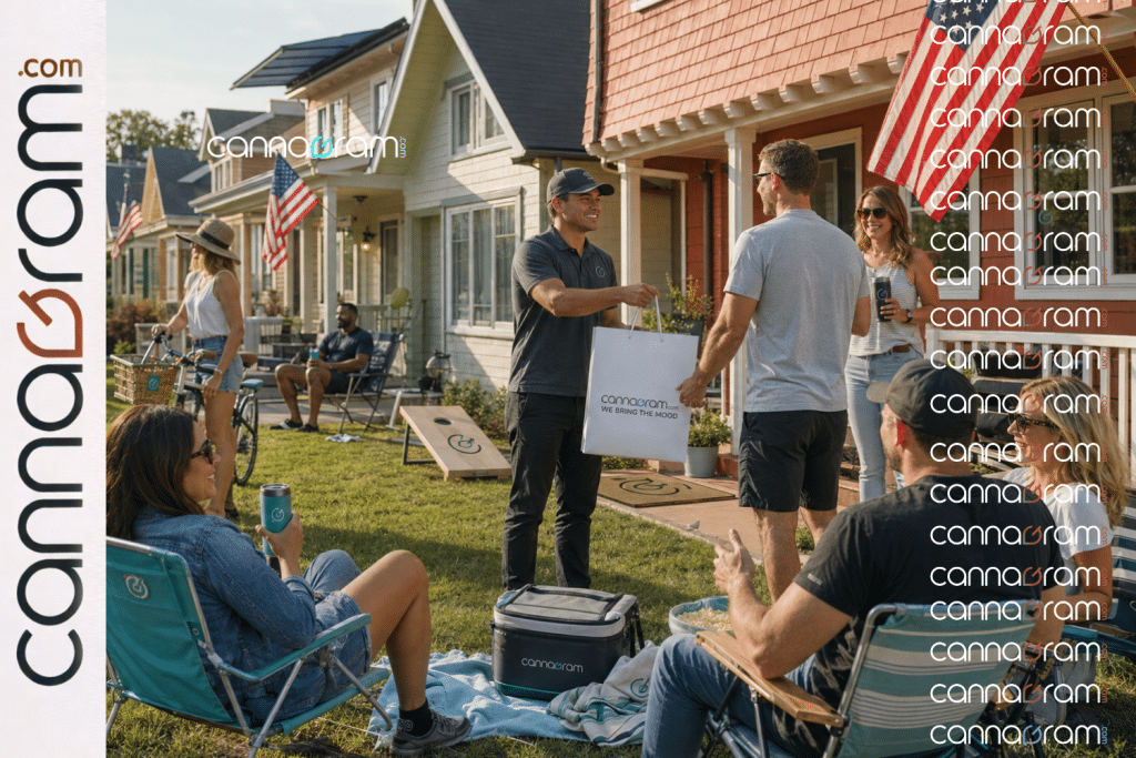 Cannagram delivery arriving at an adults-only Labor Day gathering in Sacramento